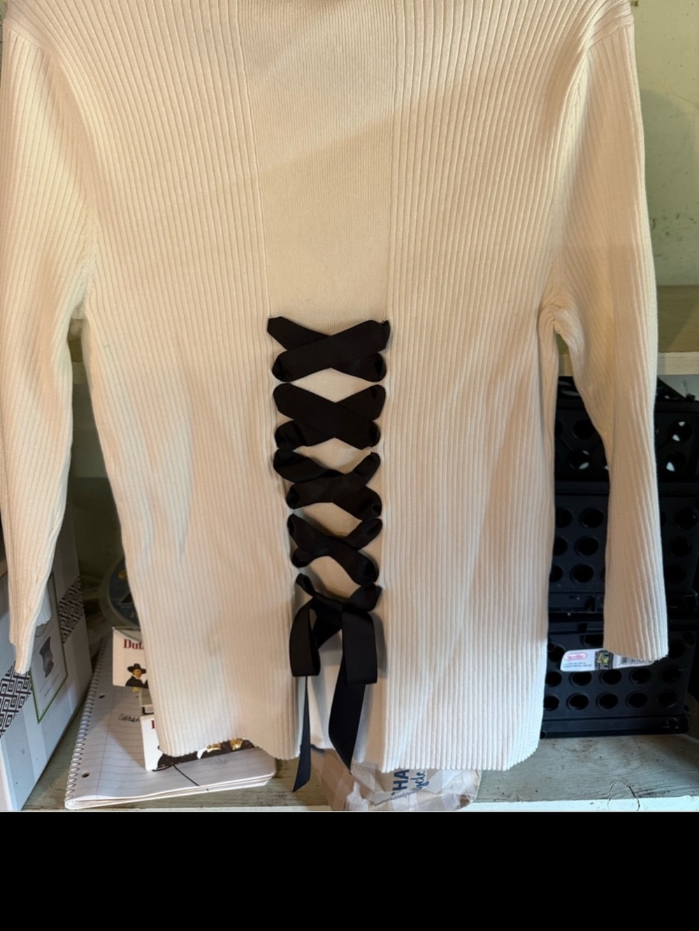 INC International Concepts White Ribbed Long Sleeve Scoop Neck Top